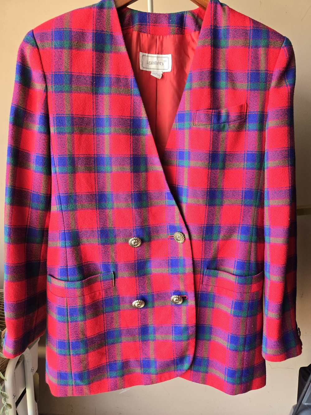 Red Plaid Double-Breasted Women's Blazer